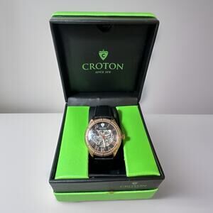 Rare Gold and Black Mens Croton Automatic Skeleton Leather Watch C1331061